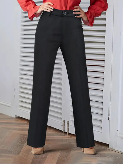 Pantaloni Eleganți Drepți pentru Femei - Talie Înaltă, Detaliu Nasture, Colecția Toamnă/Iarnă