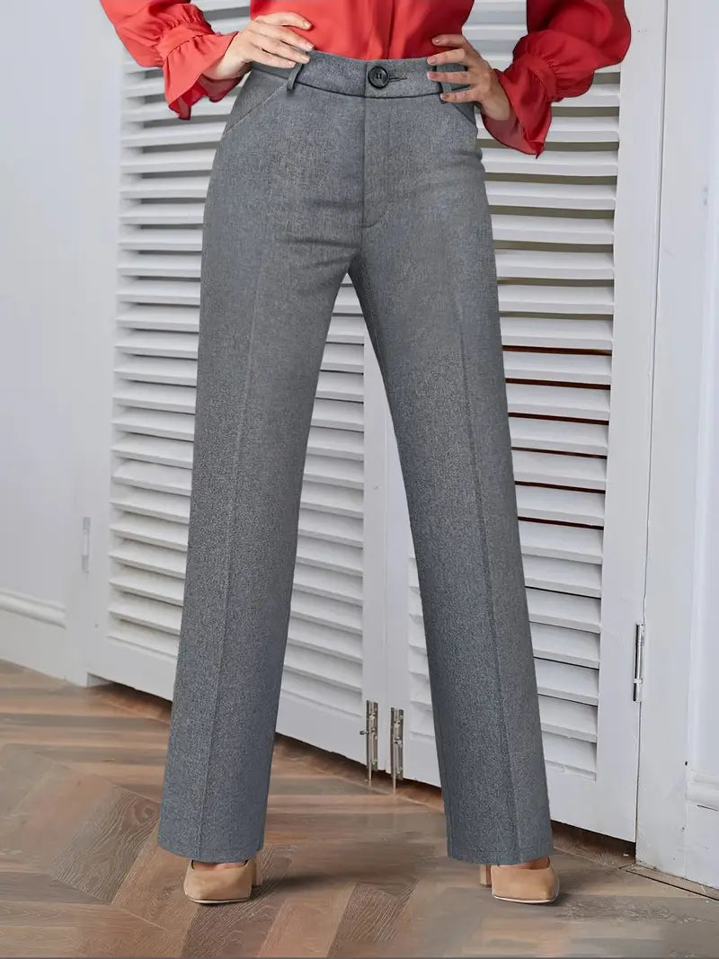 Pantaloni Eleganți Drepți pentru Femei - Talie Înaltă, Detaliu Nasture, Colecția Toamnă/Iarnă