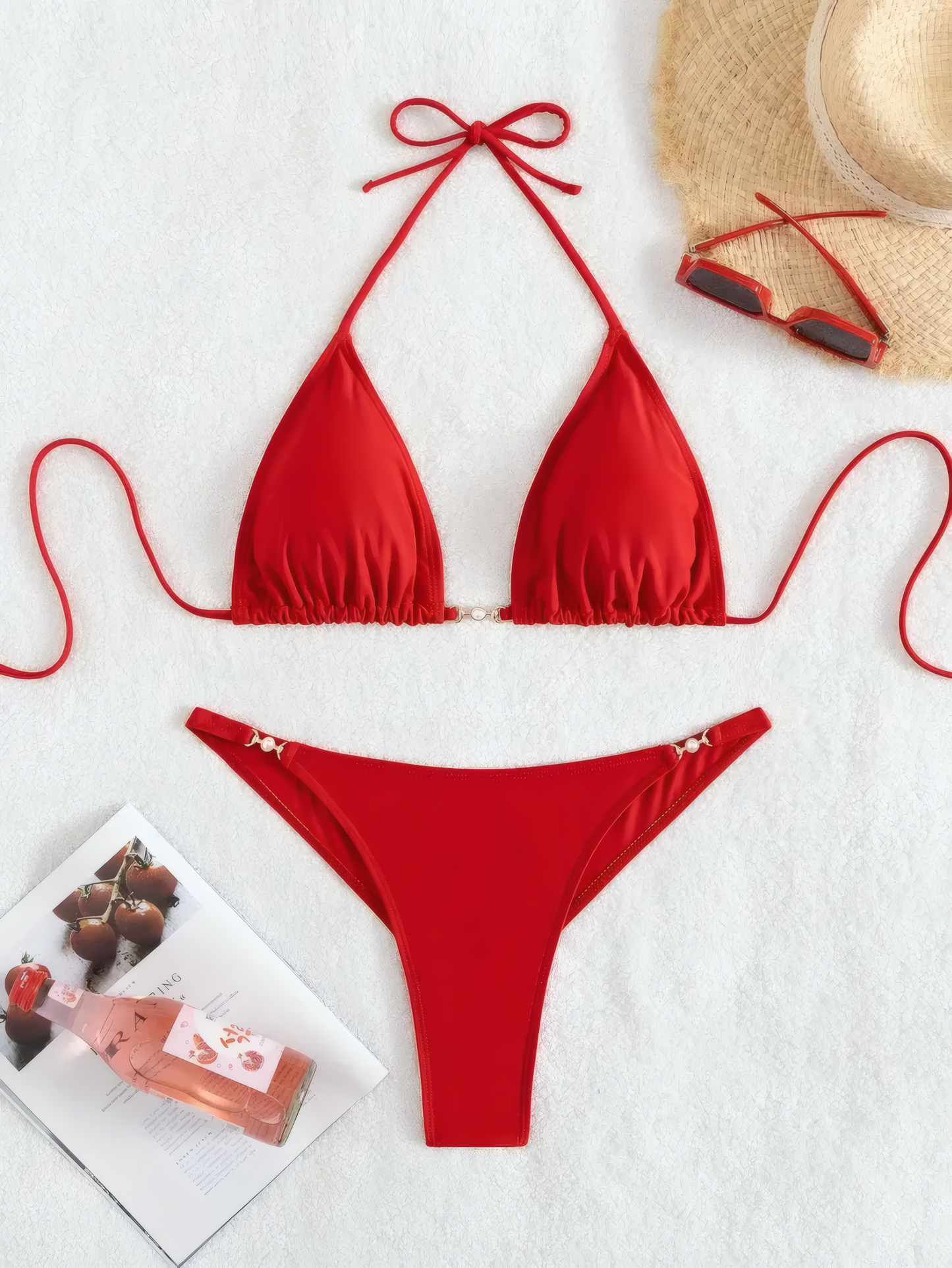 Bikini Set cu Slip Tanga și Sutien Halter cu Fundițe - Costum de Baie Sexy în 2 Piese