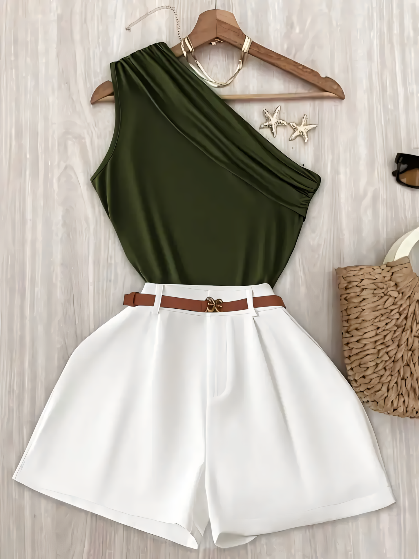 Set Verde cu Top Off-Shoulder și Pantaloni Scurți Largi - Ținută Elegantă de Vară în 2 Piese