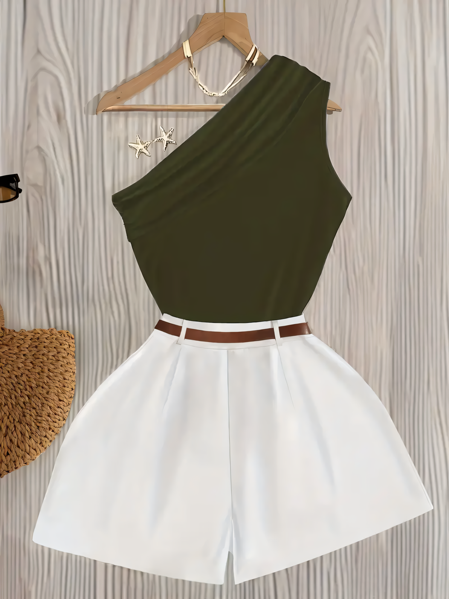 Set Verde cu Top Off-Shoulder și Pantaloni Scurți Largi - Ținută Elegantă de Vară în 2 Piese