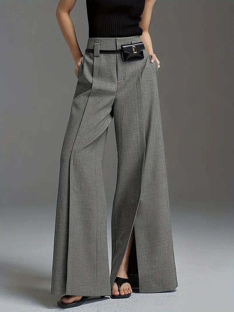 Pantaloni "Eleganță Desăvârșită" - Croi Larg, Tiv Despicat, Culoare Uni - Fior