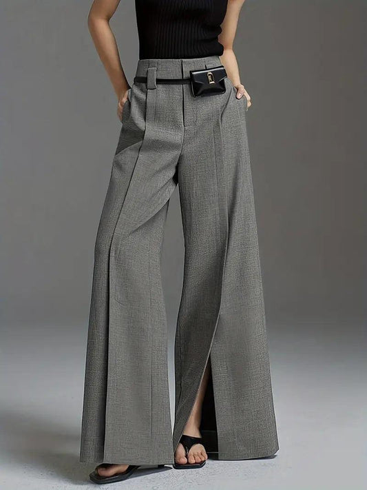 Pantaloni "Eleganță Desăvârșită" - Croi Larg, Tiv Despicat, Culoare Uni - Fior