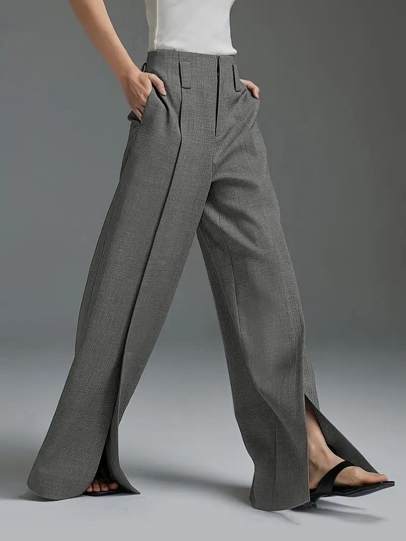 Pantaloni "Eleganță Desăvârșită" - Croi Larg, Tiv Despicat, Culoare Uni - Fior