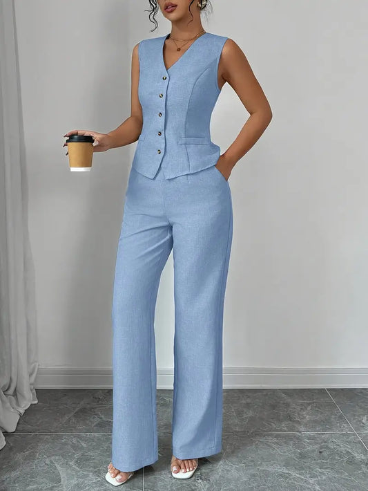Set damă 2 piese elegant – vestă V + pantaloni wide-leg, talie înaltă