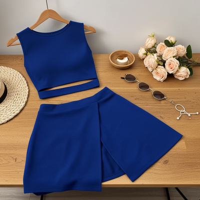 Set Elegant Asimetric cu Vestă și Pantaloni Scurți - Design Texturat cu Talie Elastică