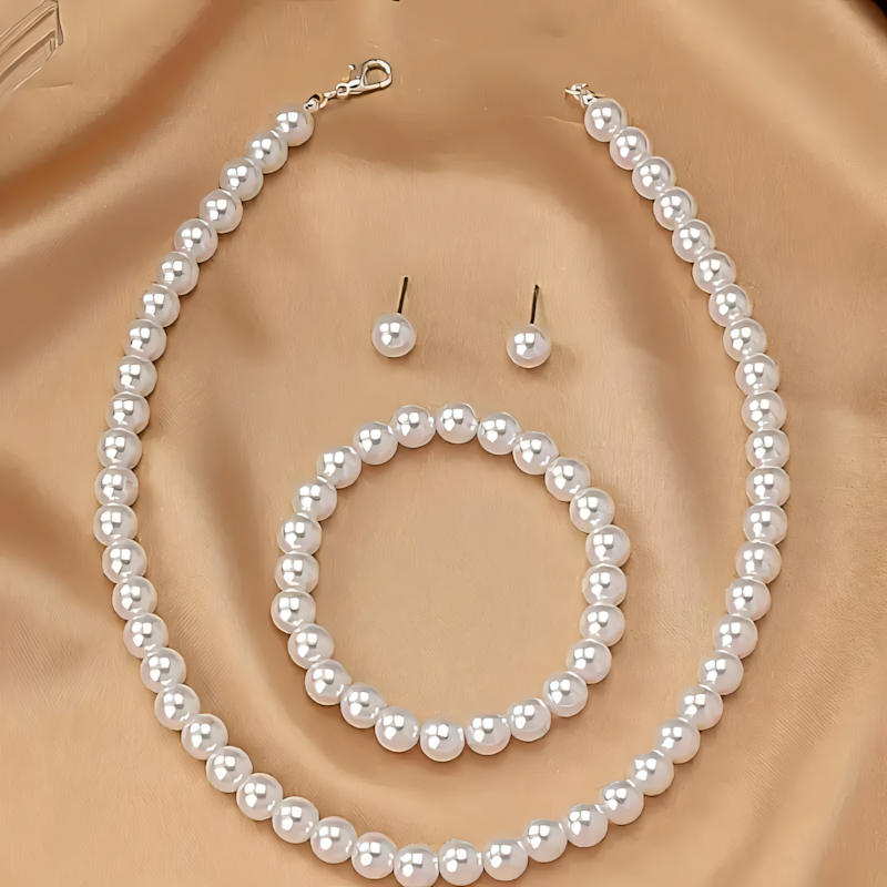 Set Elegant Bijuterii cu Perle Sintetice - Colier, Brățară și Cercei - Ideal pentru Nunți și Evenimente