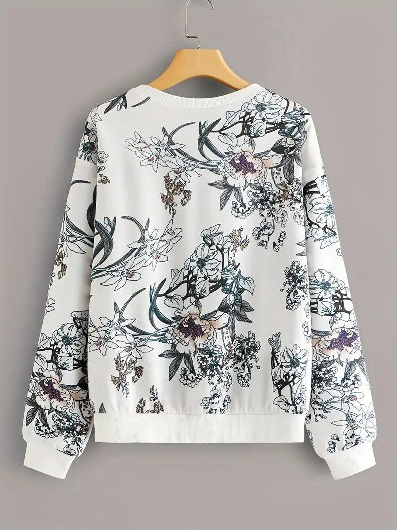 Hanorac "Flori de Iarnă" - Imprimeu Floral, Gât Rolat, Mâneci Lungi - Fior