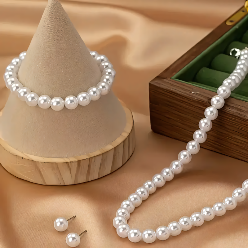 Set Elegant Bijuterii cu Perle Sintetice - Colier, Brățară și Cercei - Ideal pentru Nunți și Evenimente