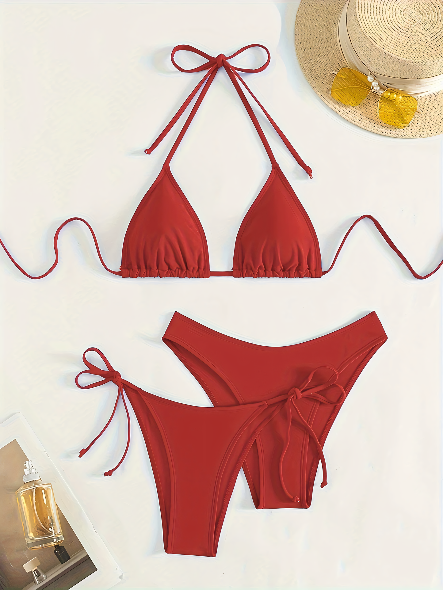 Set Bikini 3 Piese cu Sutien Halter - Costum de Baie Complet cu Spate Gol