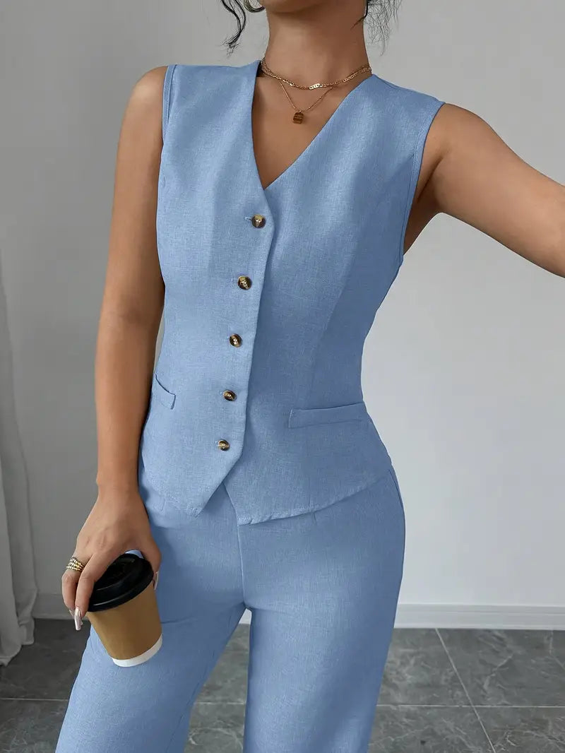 Set damă 2 piese elegant – vestă V + pantaloni wide-leg, talie înaltă