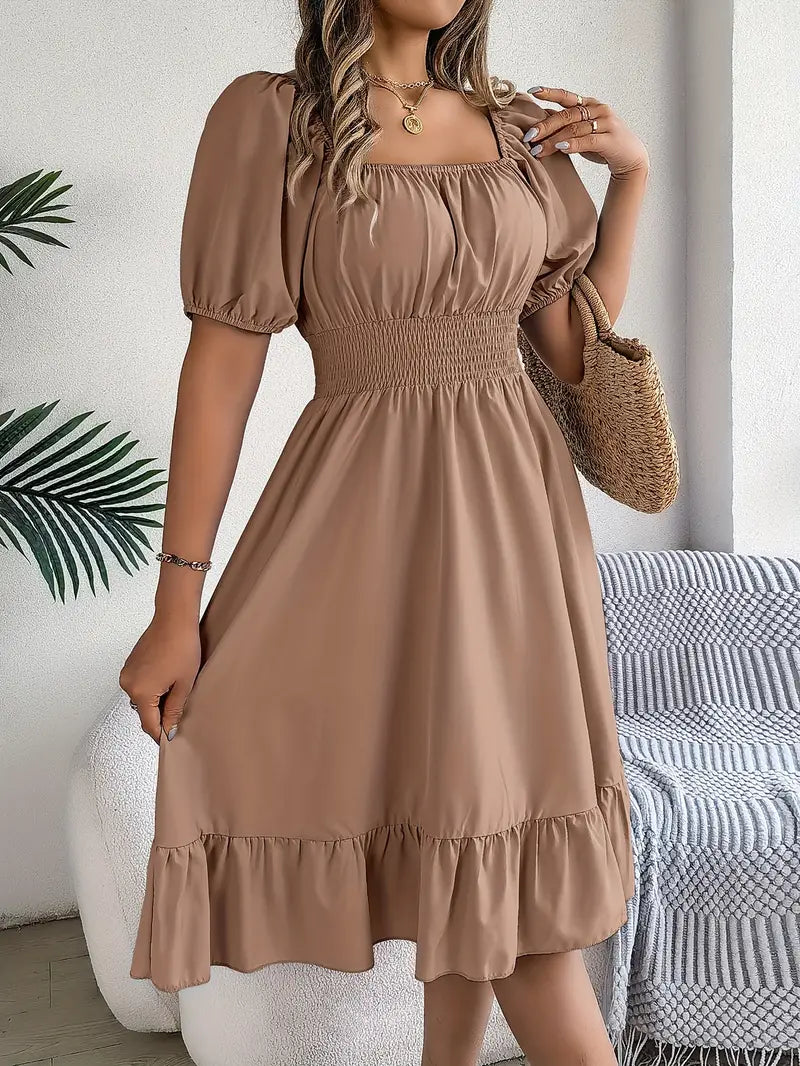 Rochie Cappuccino: Confort Maxim cu Talie Elastică și Eleganță Zi de Zi!