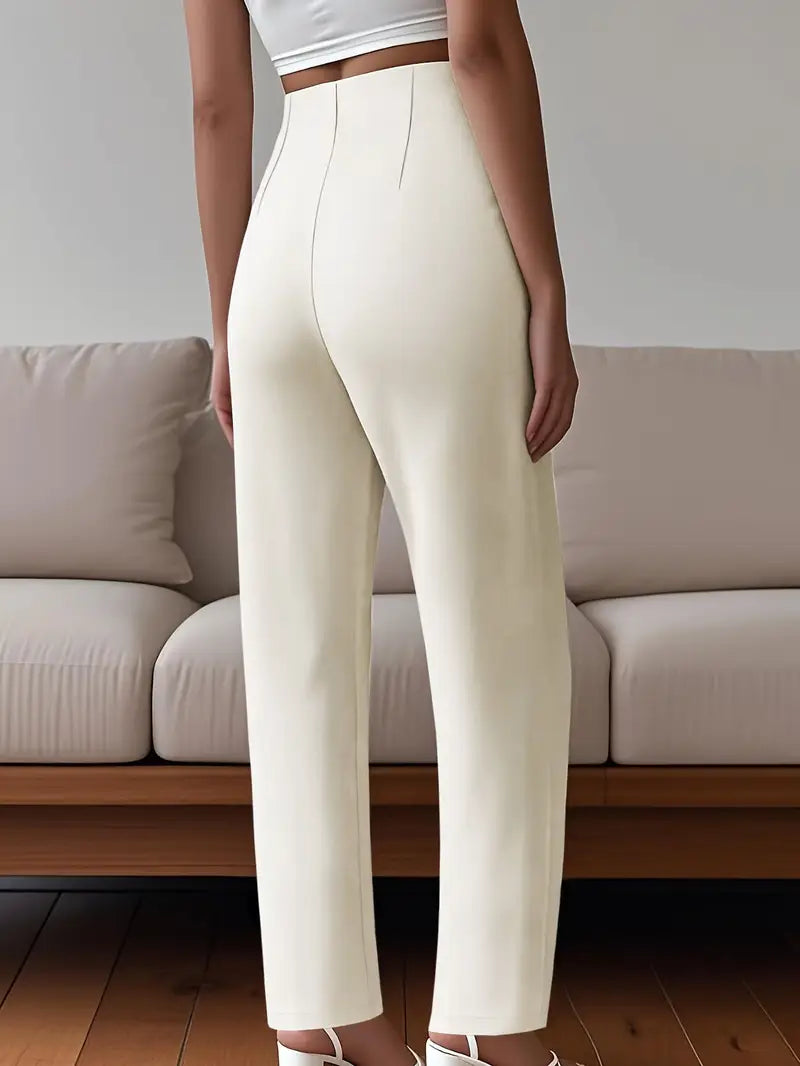 Pantaloni damă talie înaltă, croi drept – culoare uni, fermoar