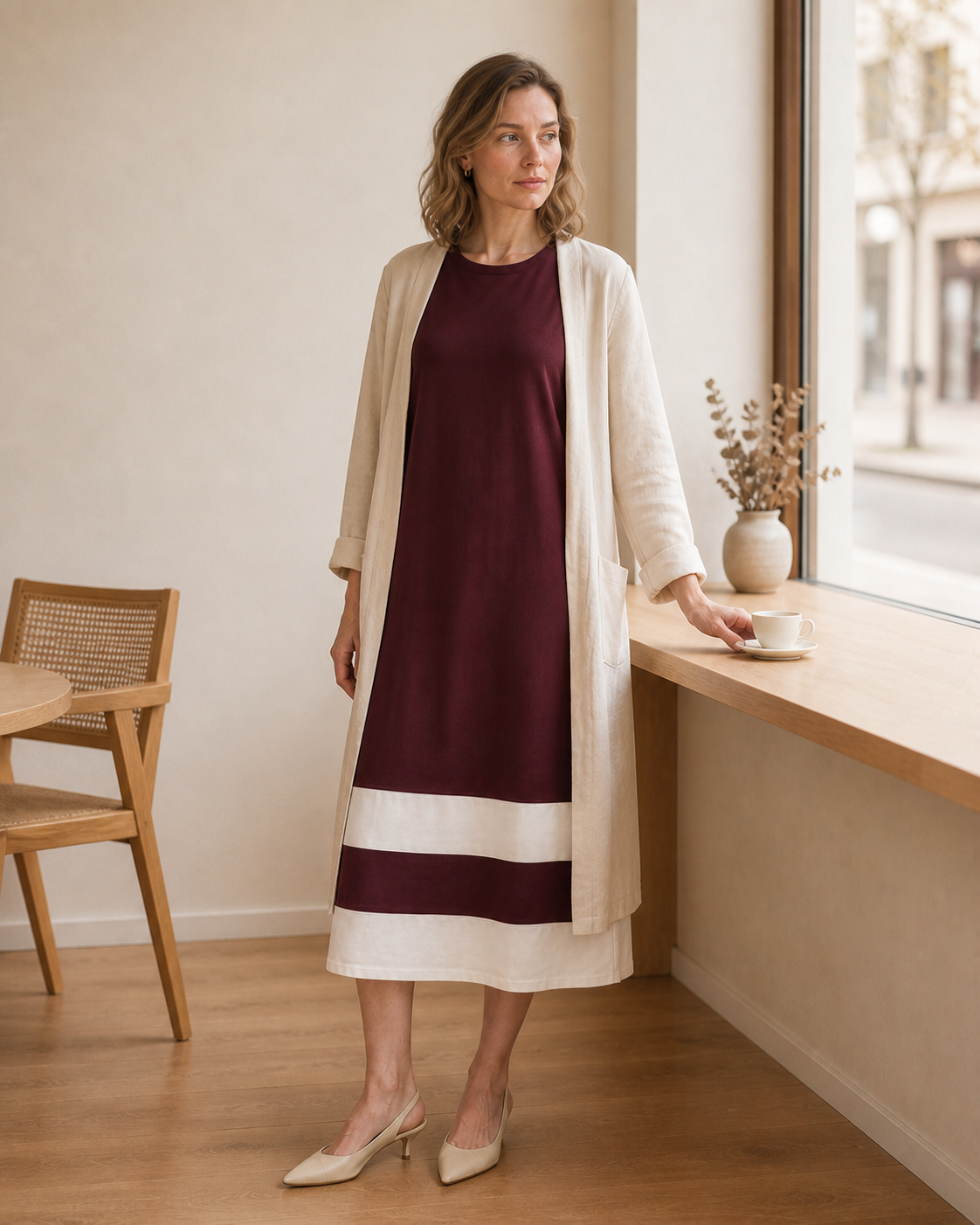 Rochie Midi Dreaptă cu Benzi Contrastante Bordo