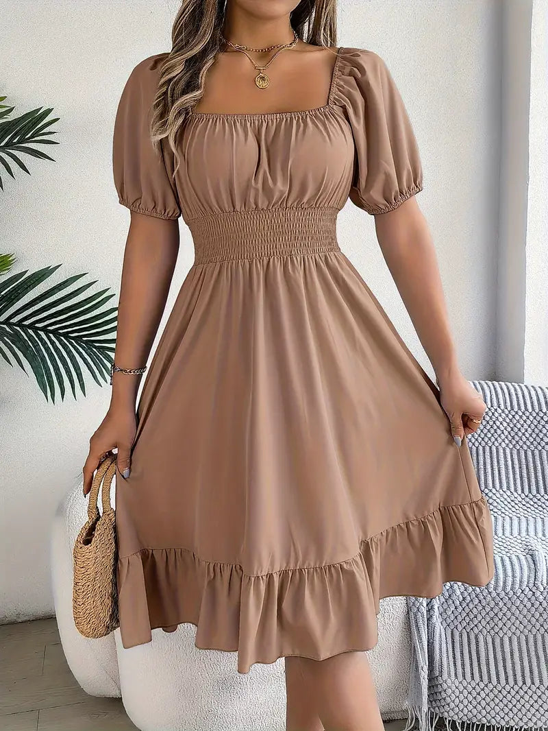 Rochie Cappuccino: Confort Maxim cu Talie Elastică și Eleganță Zi de Zi!