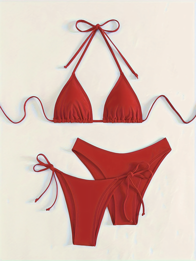Set Bikini 3 Piese cu Sutien Halter - Costum de Baie Complet cu Spate Gol