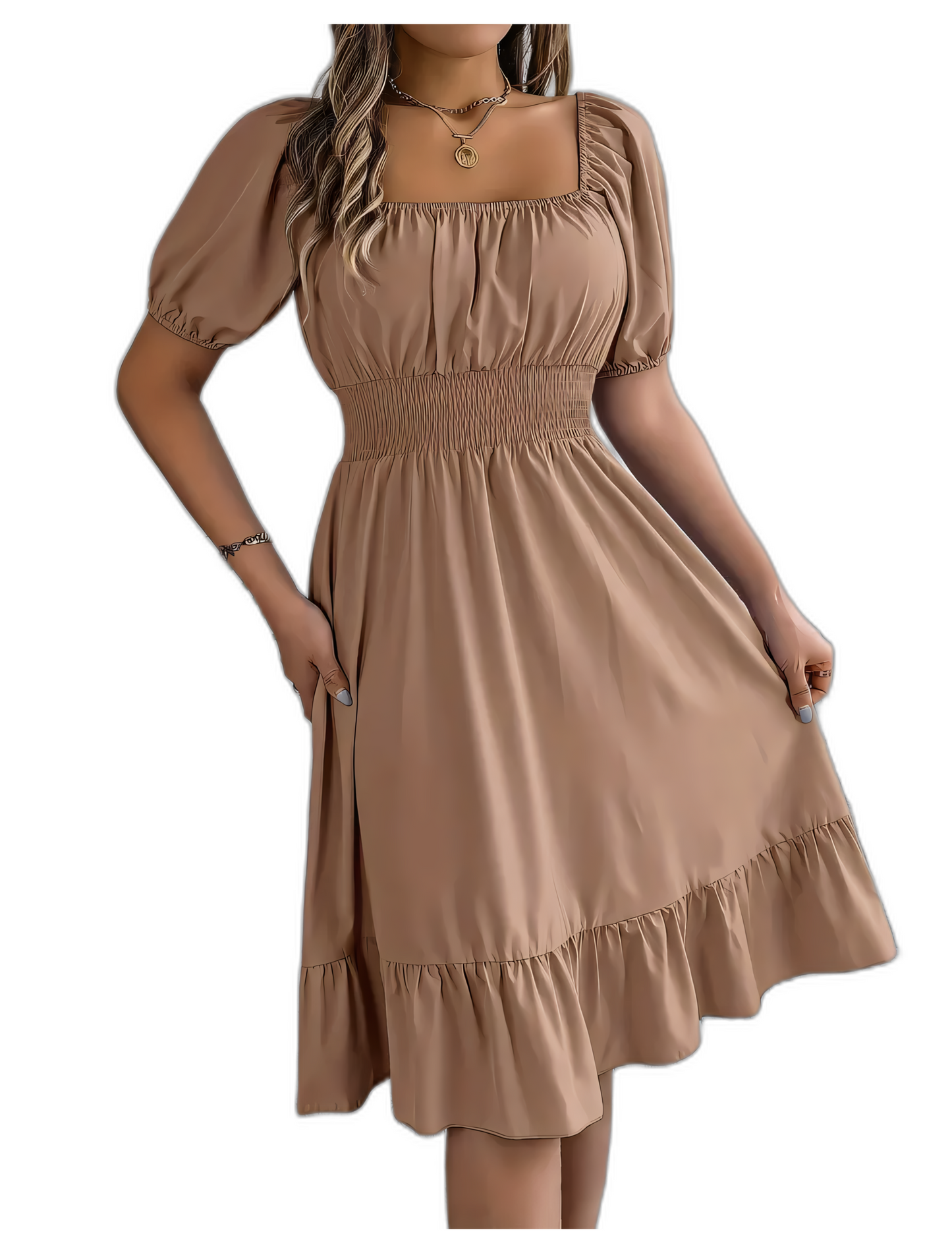Rochie Cappuccino: Confort Maxim cu Talie Elastică și Eleganță Zi de Zi!