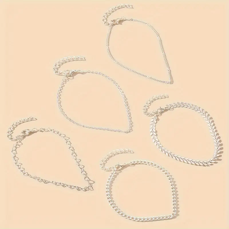 Set de 5 Brățări de Gleznă cu Lanț și Elemente în Formă de Inimă - Accesoriu Boho-Chic pentru Vară