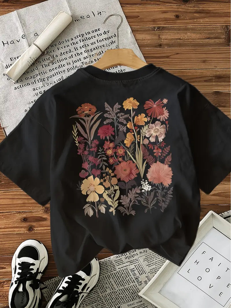 Tricou de Damă din Bumbac Moale cu Imprimeu Floral | Confortabil și Casual, Guler Rotund