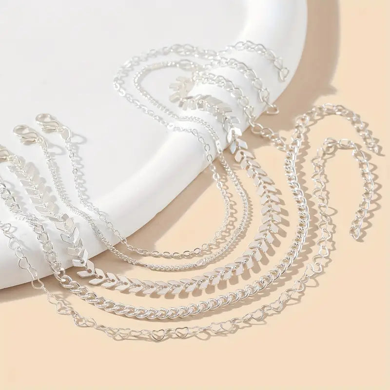 Set de 5 Brățări de Gleznă cu Lanț și Elemente în Formă de Inimă - Accesoriu Boho-Chic pentru Vară