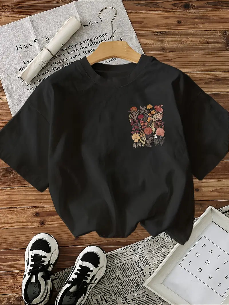 Tricou de Damă din Bumbac Moale cu Imprimeu Floral | Confortabil și Casual, Guler Rotund