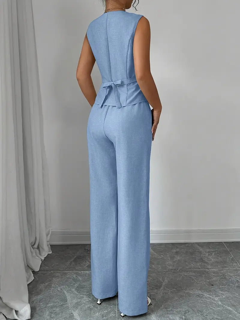 Set damă 2 piese elegant – vestă V + pantaloni wide-leg, talie înaltă