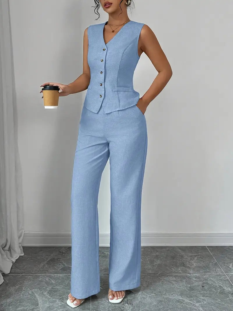 Set damă 2 piese elegant – vestă V + pantaloni wide-leg, talie înaltă