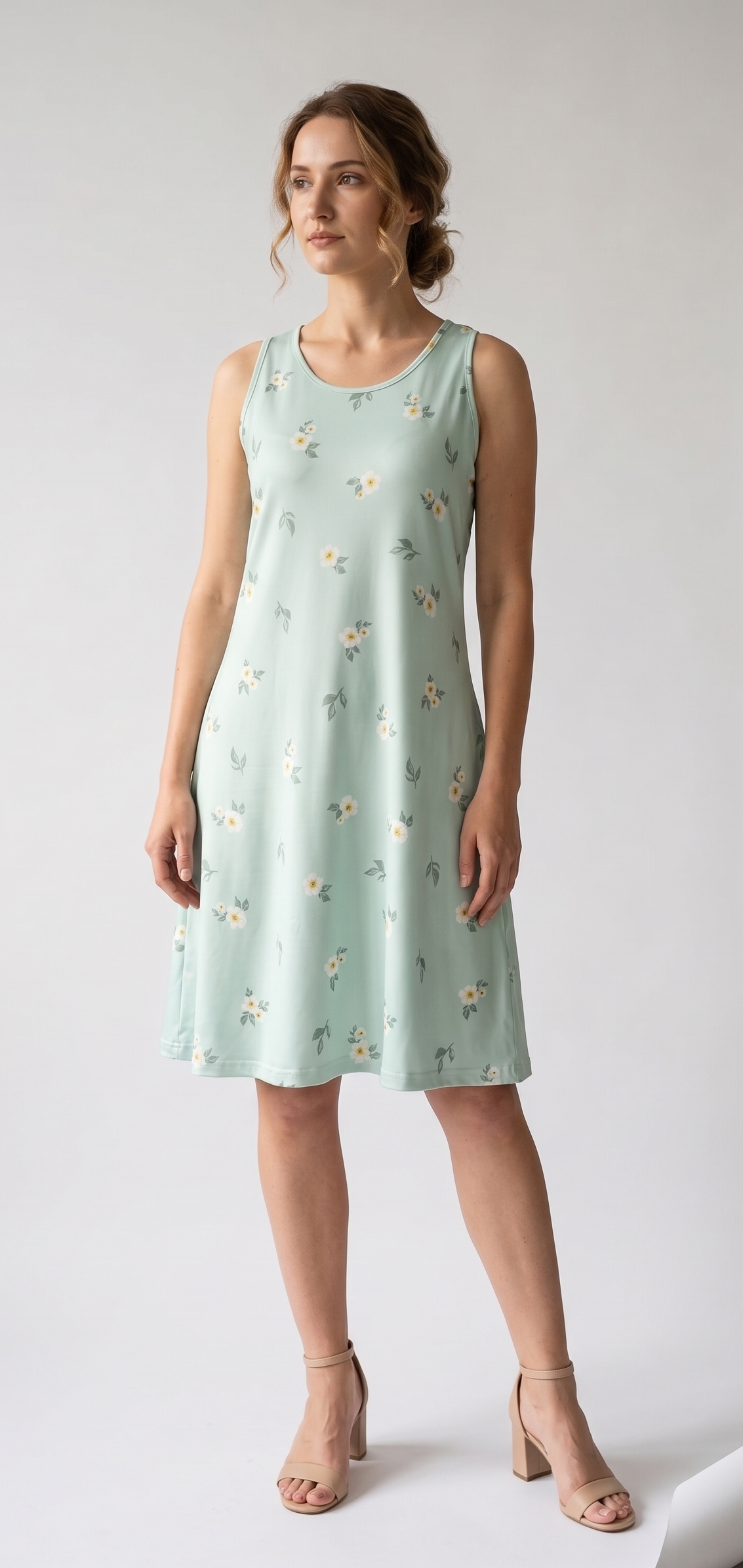 Rochie Evazată cu Imprimeu Floral – Verde Mentă