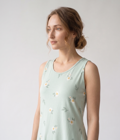 Rochie Evazată cu Imprimeu Floral – Verde Mentă