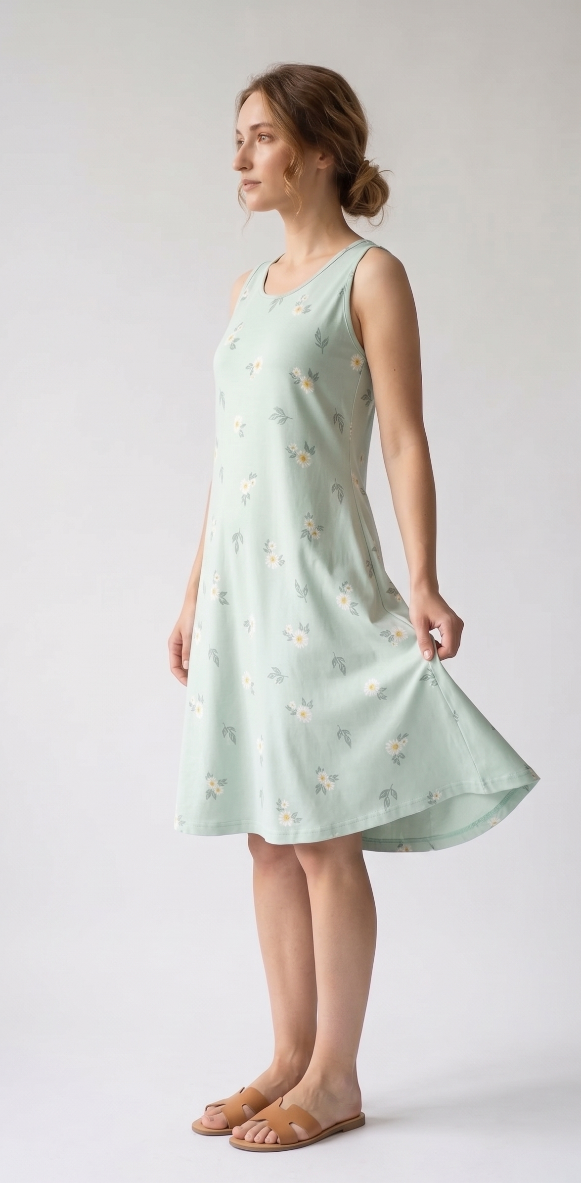Rochie Evazată cu Imprimeu Floral – Verde Mentă