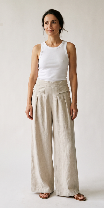 Pantaloni Wide-Leg din In – Talie Înaltă Elastică, Cădere Fluidă