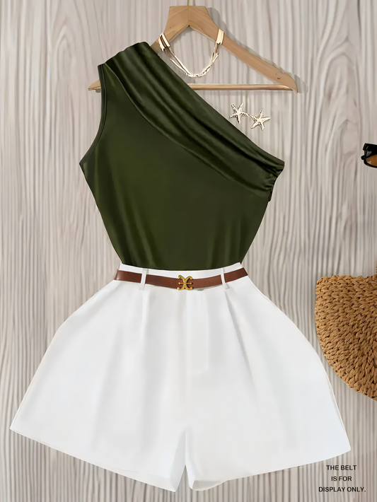 Set Verde cu Top Off-Shoulder și Pantaloni Scurți Largi - Ținută Elegantă de Vară în 2 Piese