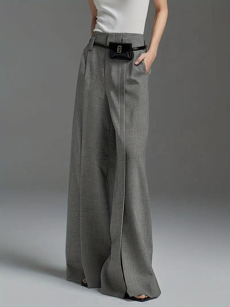 Pantaloni "Eleganță Desăvârșită" - Croi Larg, Tiv Despicat, Culoare Uni - Fior
