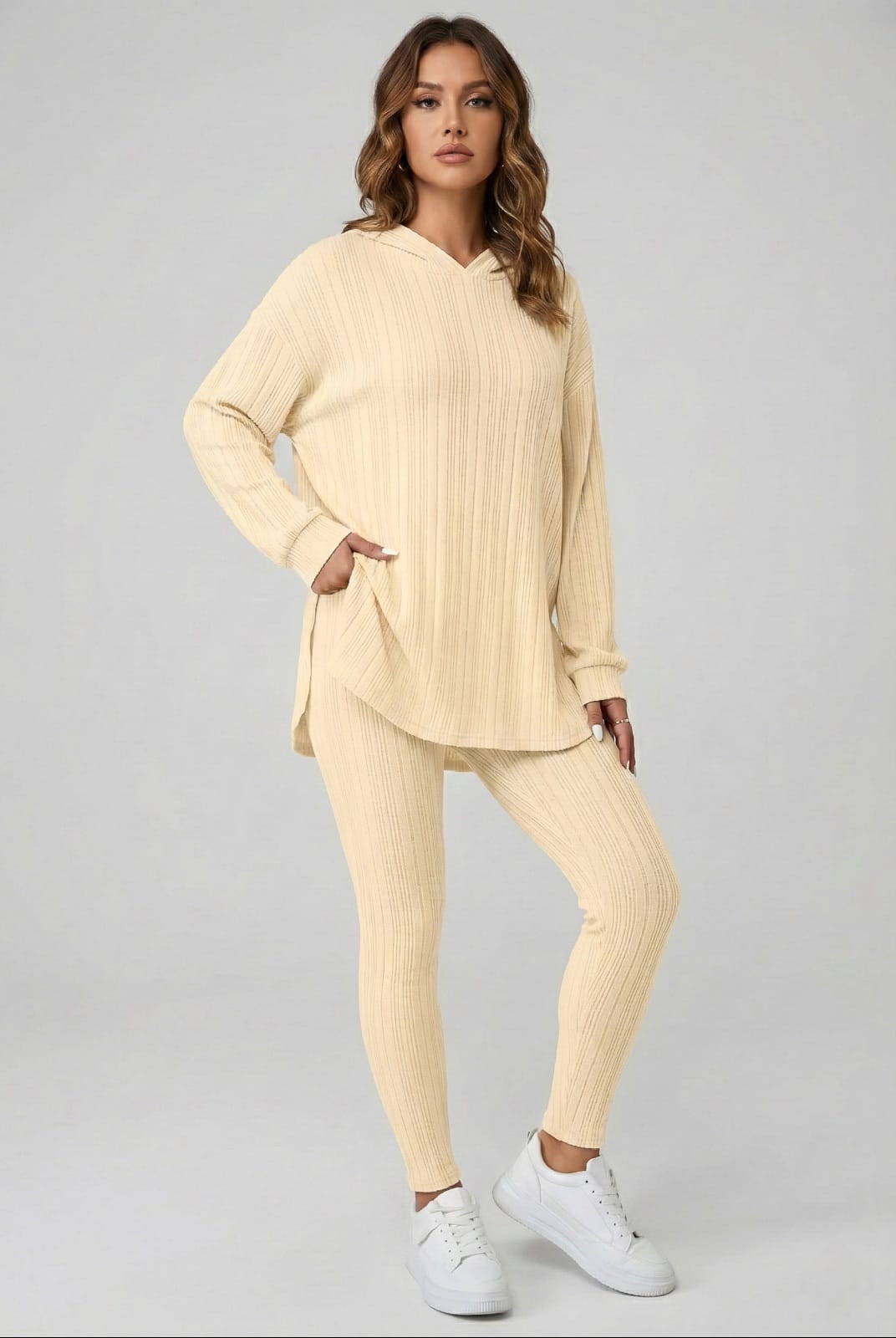 Set Dama 2 Piese din Tricot Reiat (Ribbed) - Compleu Casual cu Glugă & Pantaloni Mulați - Cozy Home & Travel
