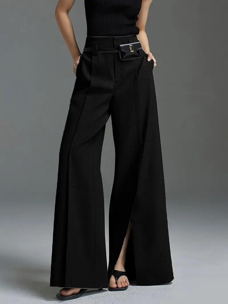 Pantaloni "Eleganță Desăvârșită" - Croi Larg, Tiv Despicat, Culoare Uni - Fior