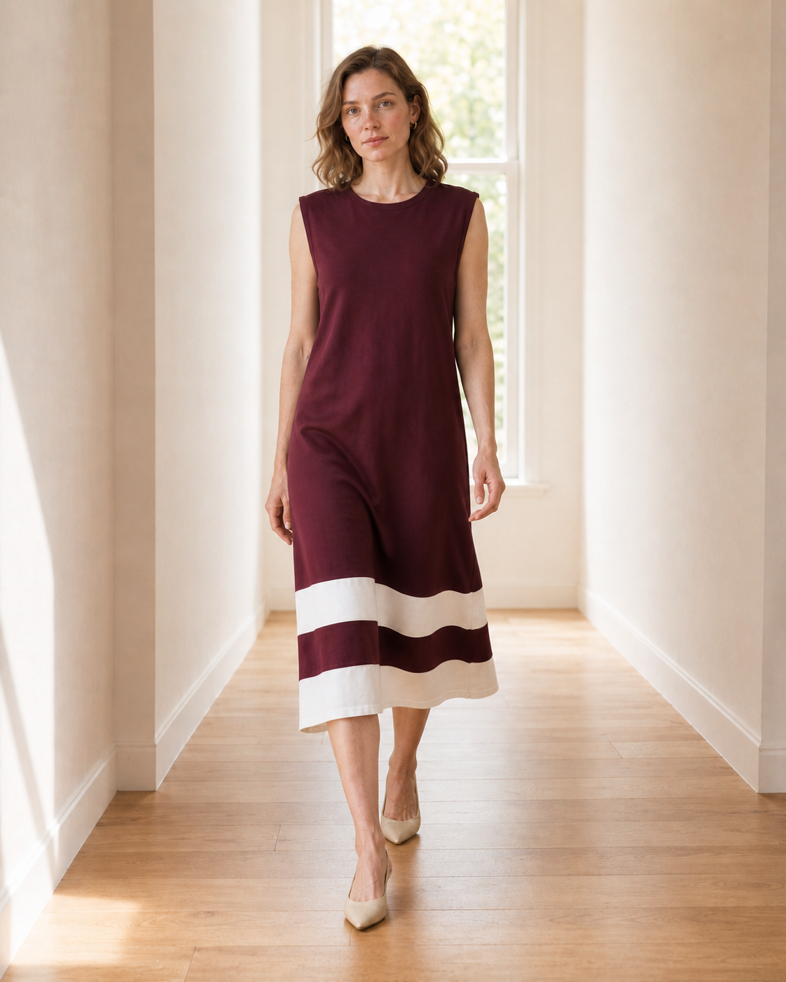 Rochie Midi Dreaptă cu Benzi Contrastante Bordo