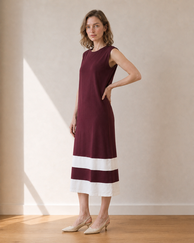 Rochie Midi Dreaptă cu Benzi Contrastante Bordo