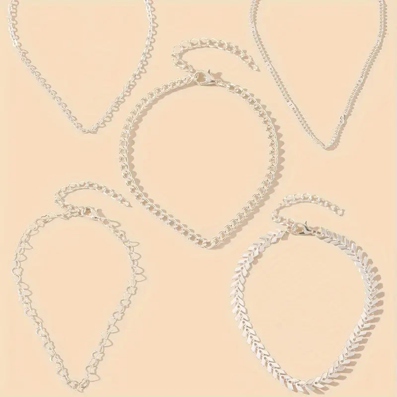 Set de 5 Brățări de Gleznă cu Lanț și Elemente în Formă de Inimă - Accesoriu Boho-Chic pentru Vară