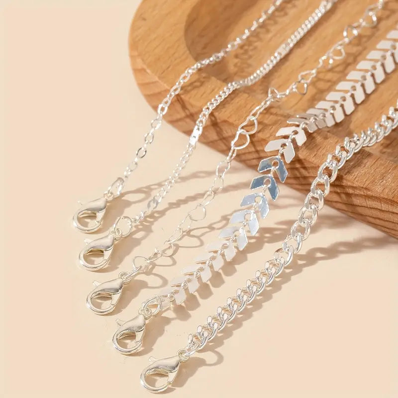 Set de 5 Brățări de Gleznă cu Lanț și Elemente în Formă de Inimă - Accesoriu Boho-Chic pentru Vară