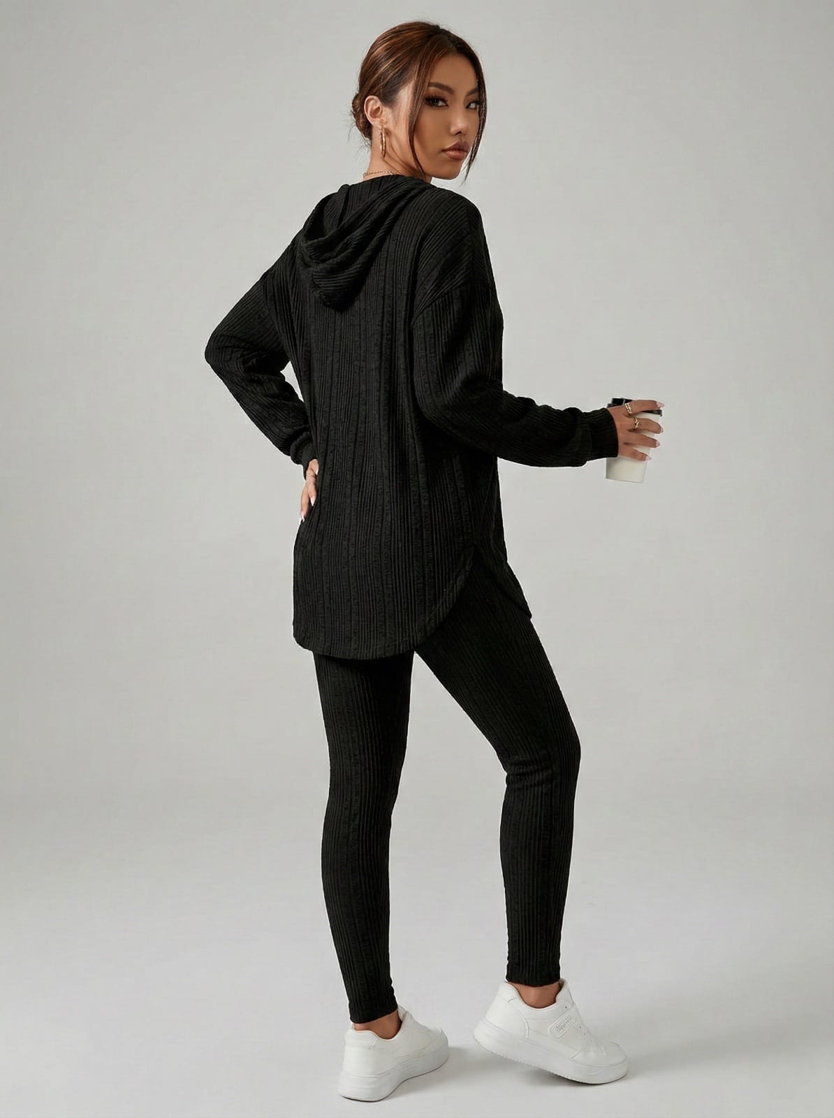 Set Dama 2 Piese din Tricot Reiat (Ribbed) - Compleu Casual cu Glugă & Pantaloni Mulați - Cozy Home & Travel