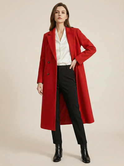 Elegáns hosszú kabát prémium anyagból – egyenes szabású irodai kabát dupla gombokkal