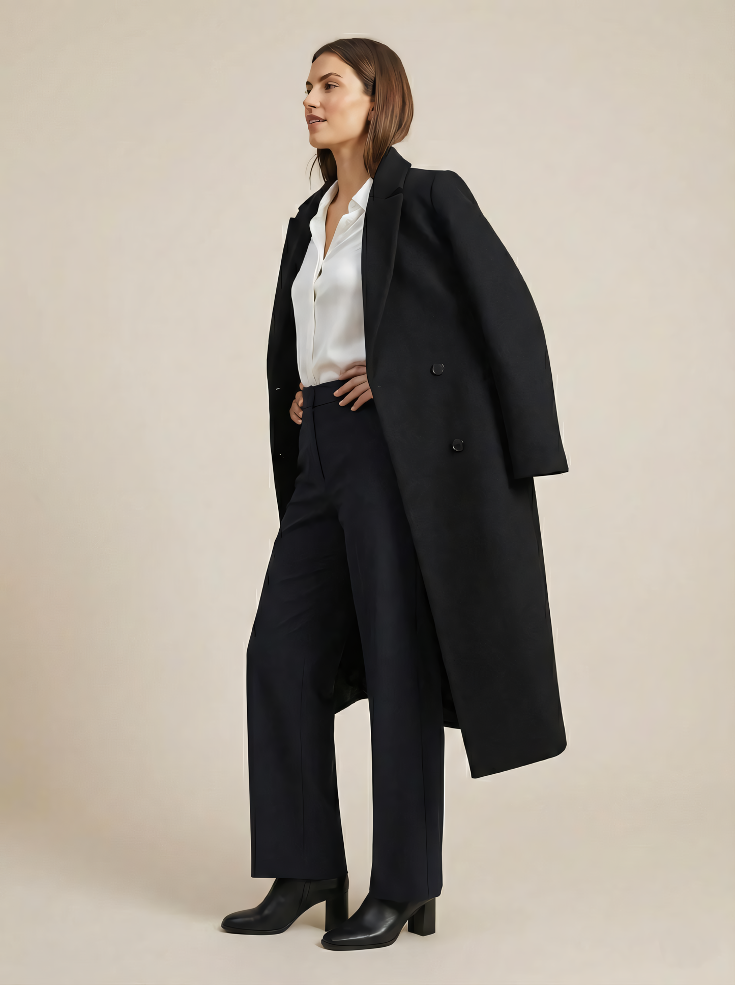 Palton Lung Elegant din Stofă Premium – Pardesiu Office cu Croială Dreaptă și Nasturi Dubli