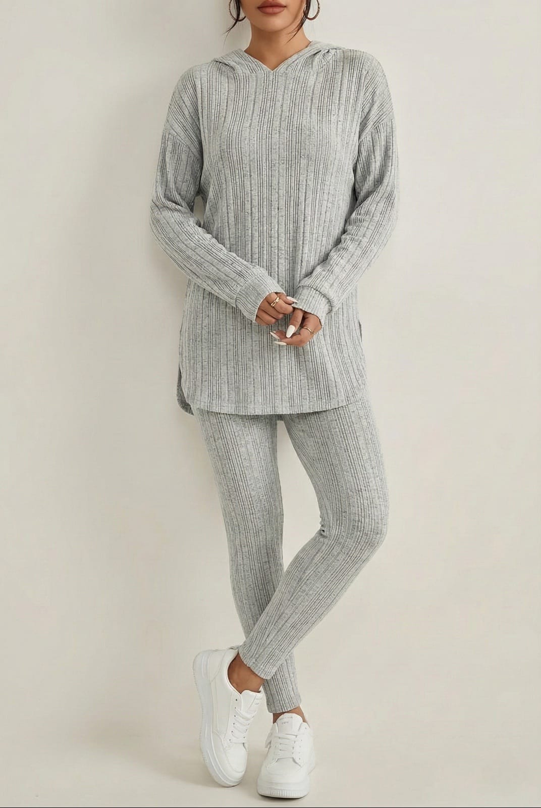 Set Dama 2 Piese din Tricot Reiat (Ribbed) - Compleu Casual cu Glugă & Pantaloni Mulați - Cozy Home & Travel