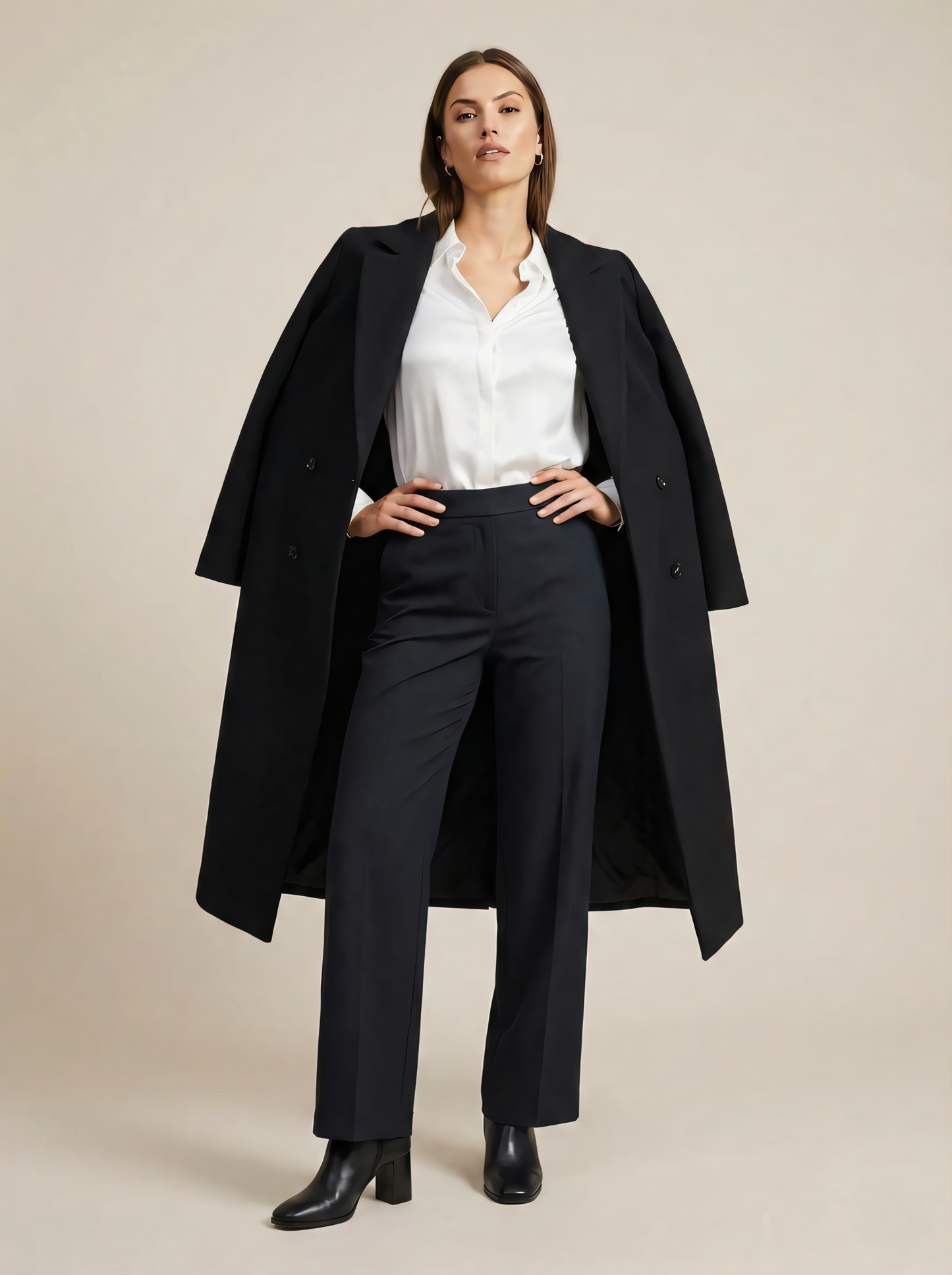 Palton Lung Elegant din Stofă Premium – Pardesiu Office cu Croială Dreaptă și Nasturi Dubli