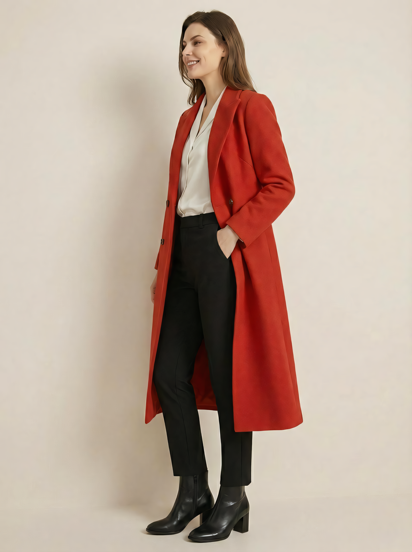 Palton Lung Elegant din Stofă Premium – Pardesiu Office cu Croială Dreaptă și Nasturi Dubli