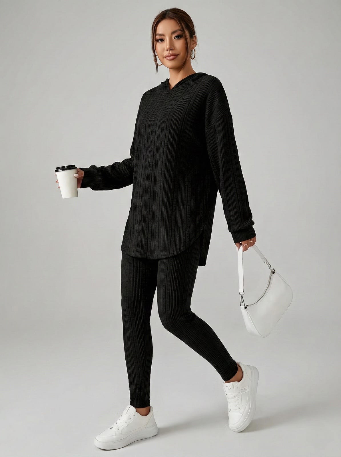 Set Dama 2 Piese din Tricot Reiat (Ribbed) - Compleu Casual cu Glugă & Pantaloni Mulați - Cozy Home & Travel