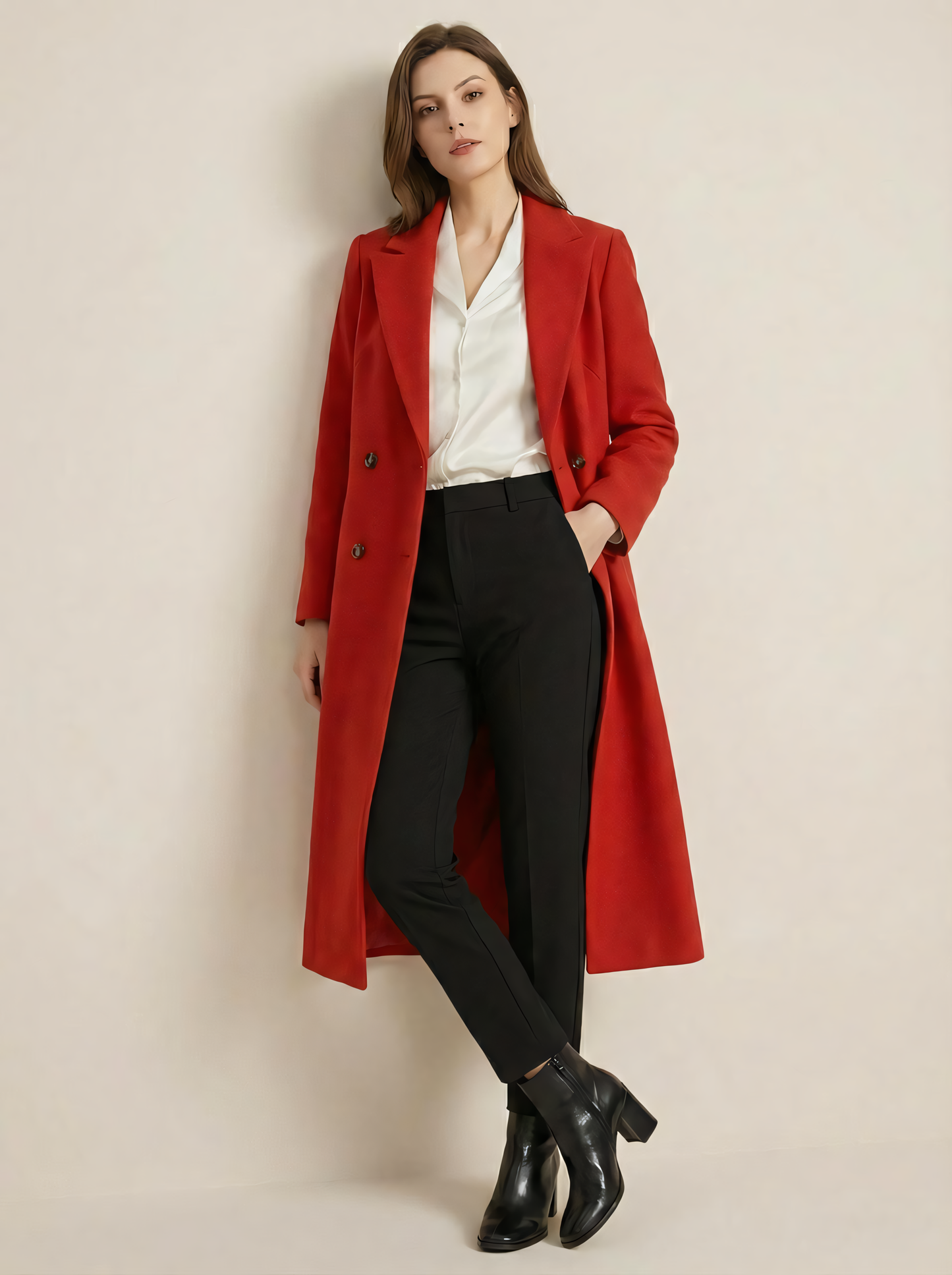 Palton Lung Elegant din Stofă Premium – Pardesiu Office cu Croială Dreaptă și Nasturi Dubli