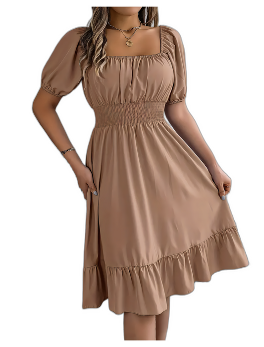 Rochie Cappuccino: Confort Maxim cu Talie Elastică și Eleganță Zi de Zi!