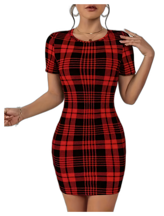 Rochie Mini cu Imprimeu în Carouri și Mânecă Scurtă